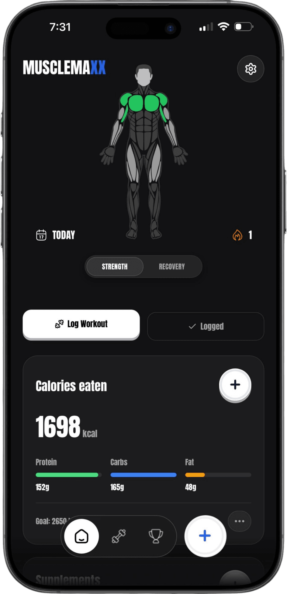 MuscleMaxx Home Dashboard